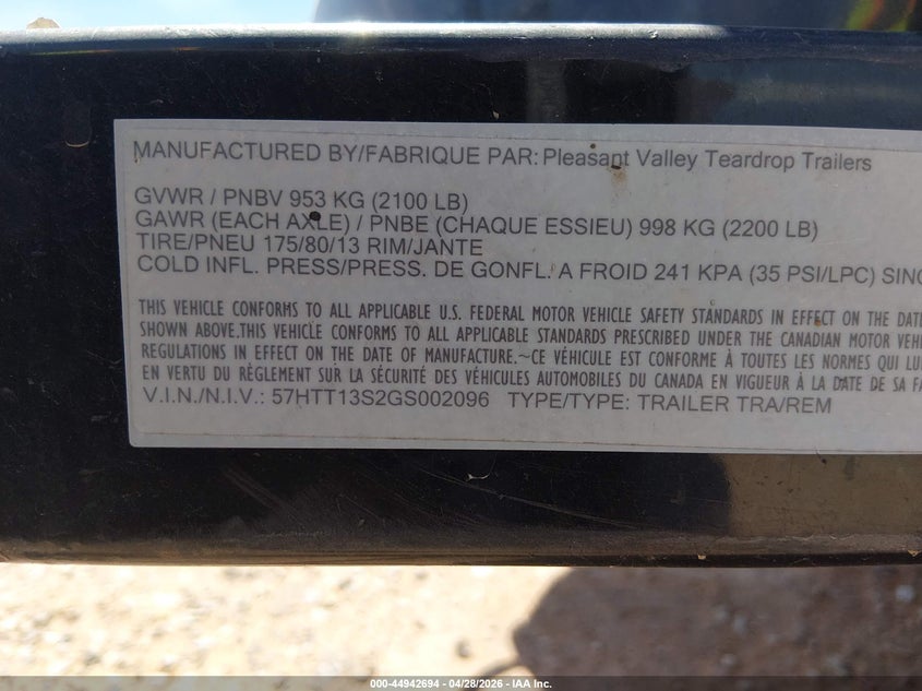 2016 Other Other VIN 57HTT13S2GS002096 IAAI salvage auction — REAR END, Salvage (Texas), sold $525 on 2026-07-29 (photo 9)