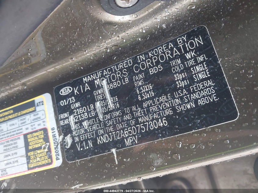 2013 Kia Soul VIN KNDJT2A65D7573046 IAAI salvage auction — WATER/FLOOD, Salvage Title, sold $275 on 2026-07-14 (photo 9)