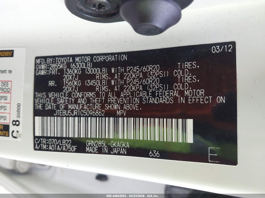 2012 Toyota 4runner VIN JTEBU5JR1C5096862 IAAI salvage auction — FRONT & REAR, Salvage (Kansas), sold $8,100 on 2026-07-12 (photo 9)