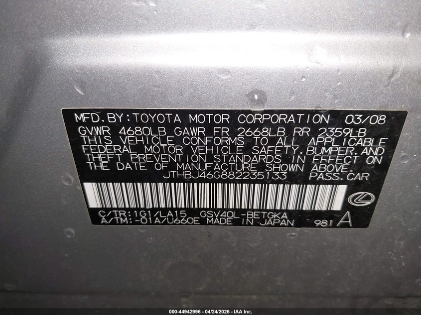 2008 Lexus ES VIN JTHBJ46G882235133 IAAI salvage auction — RIGHT REAR, Salvage (Idaho), sold $675 on 2026-07-24 (photo 9)
