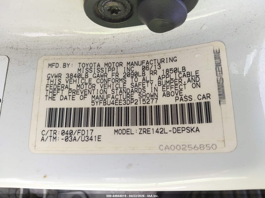 2013 Toyota Corolla VIN 5YFBU4EE3DP215277 IAAI salvage auction — NORMAL WEAR, Wait Title, sold $2,075 on 2026-07-27 (photo 9)