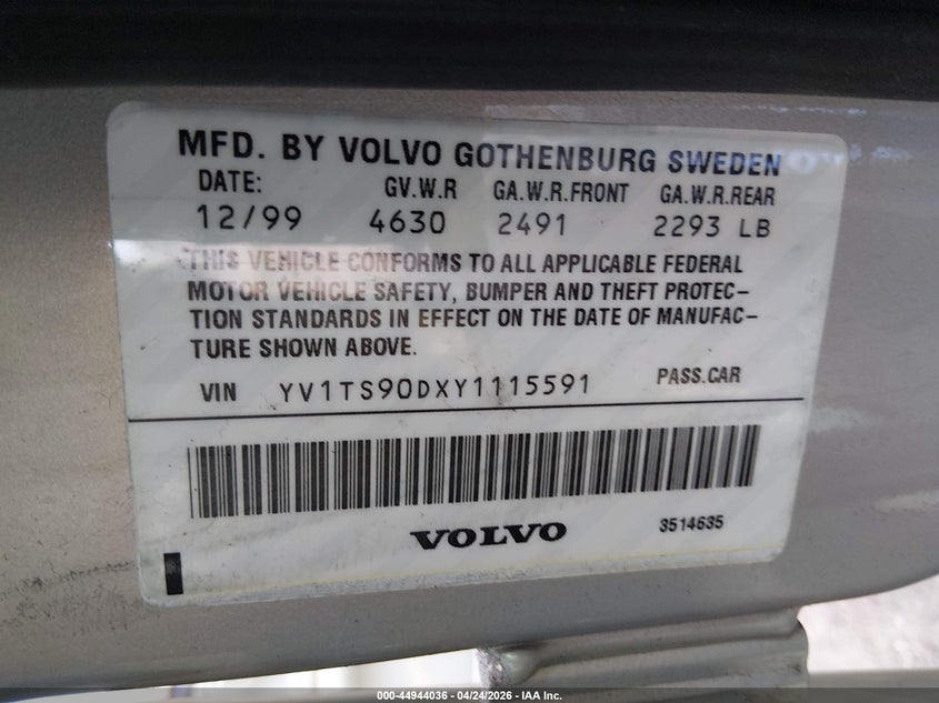 2000 Volvo S80 VIN YV1TS90DXY1115591 IAAI salvage auction — LEFT FRONT, Clear (Virginia), sold $1,100 on 2026-07-10 (photo 9)