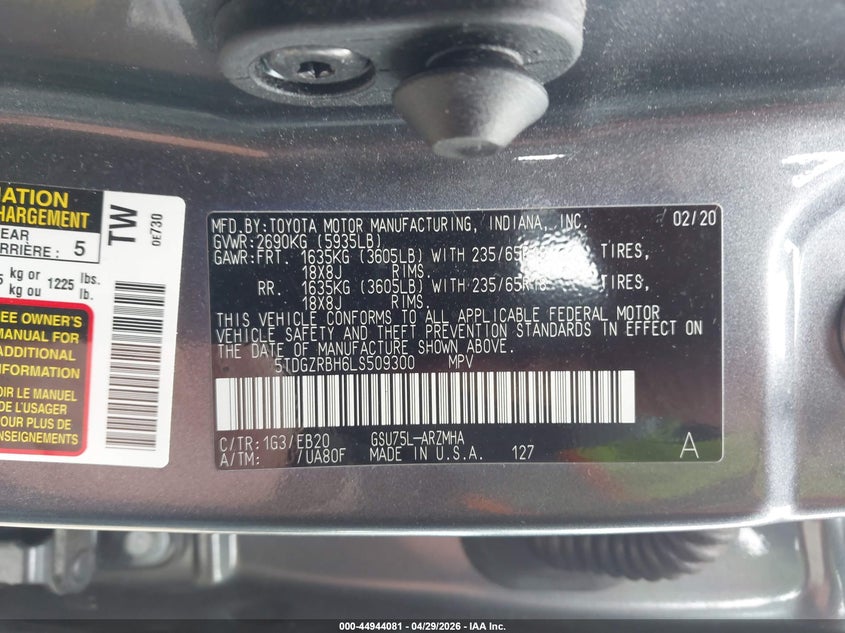 2020 Toyota Highlander VIN 5TDGZRBH6LS509300 IAAI salvage auction — RIGHT FRONT, Clear (Michigan), sold $13,200 on 2026-07-16 (photo 9)
