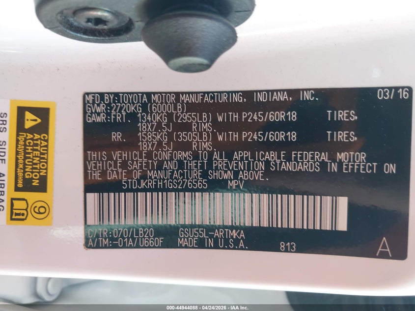 2016 Toyota Highlander VIN 5TDJKRFH1GS276565 IAAI salvage auction — FRONT END, Salvage (Colorado), sold $9,550 on 2026-07-08 (photo 9)