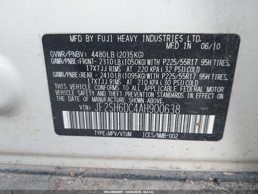 2010 Subaru Forester VIN JF2SH6DC4AH900638 IAAI salvage auction — NORMAL WEAR, Clear (Texas), sold $200 on 2026-07-15 (photo 9)