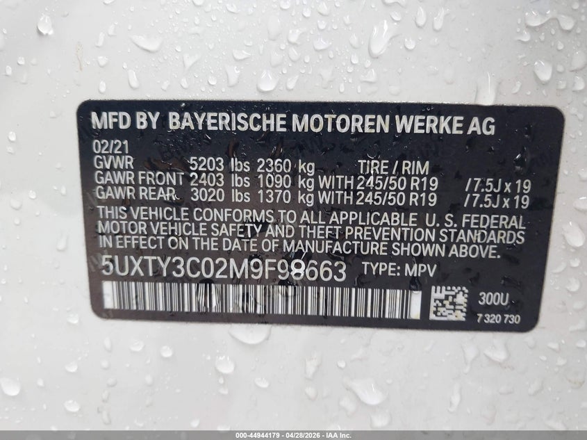 2021 BMW X3 VIN 5UXTY3C02M9F98663 IAAI salvage auction — FRONT END, Rebuildable (Florida), sold $9,400 on 2026-07-11 (photo 9)