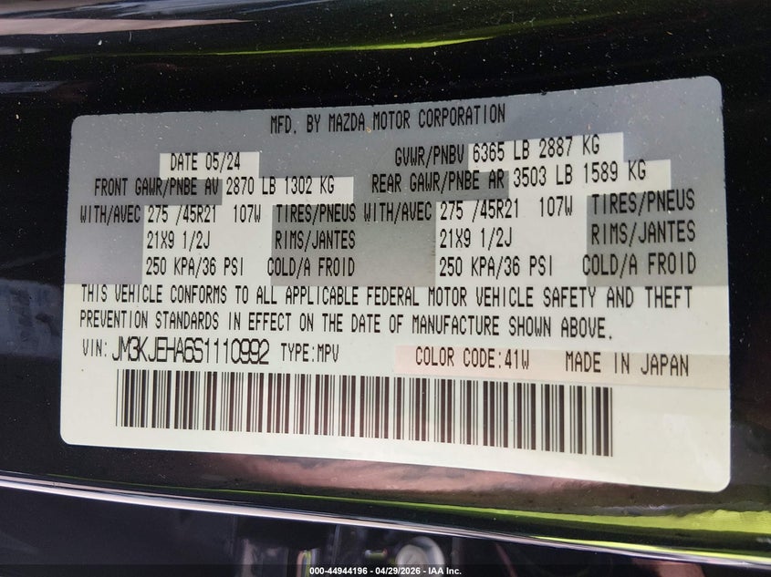 2025 Mazda Cx-70 VIN JM3KJEHA6S1110992 IAAI salvage auction — FRONT END, Salvage (North Carolina), sold $9,200 on 2026-07-19 (photo 9)