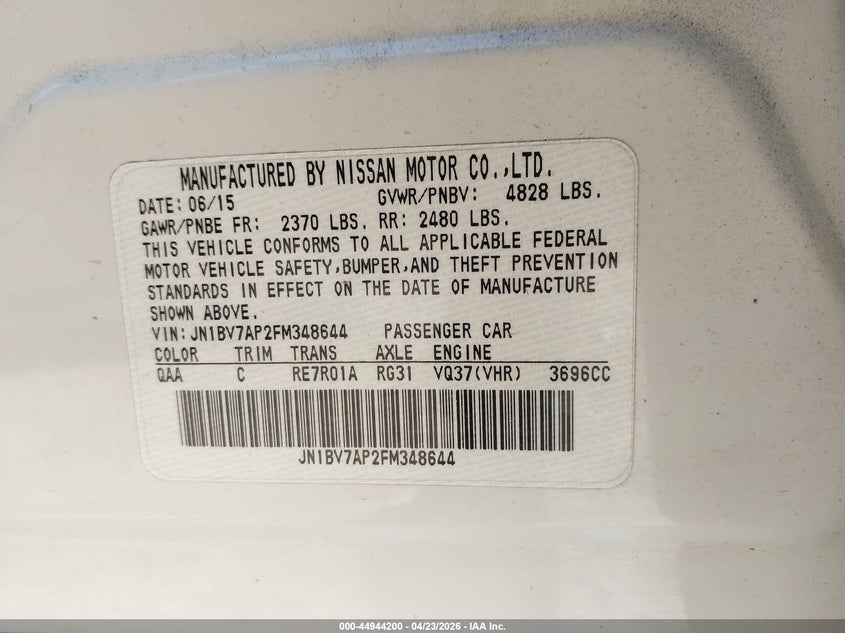 2015 Infiniti Q50 VIN JN1BV7AP2FM348644 IAAI salvage auction — LEFT FRONT, Clear (Tennessee), sold $25 on 2026-07-29 (photo 9)
