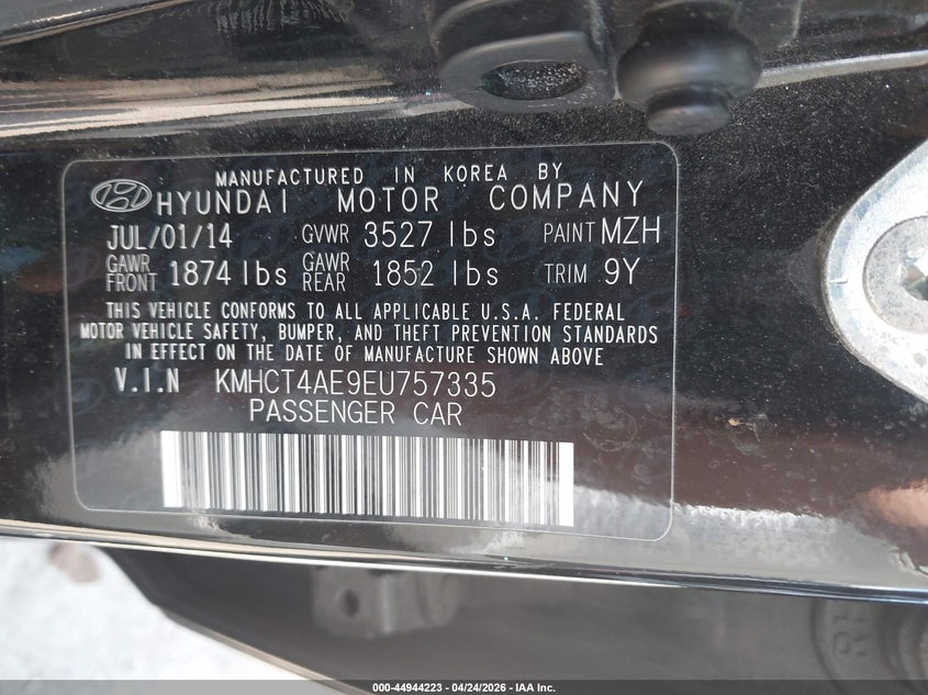 2014 Hyundai Accent VIN KMHCT4AE9EU757335 IAAI salvage auction — FRONT END, Salvage Title, sold $450 on 2026-07-28 (photo 9)