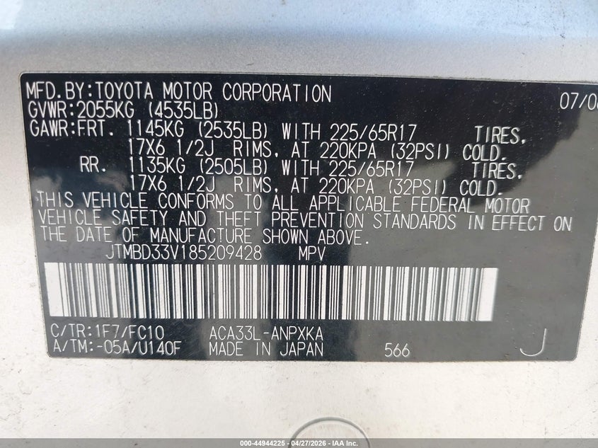 2008 Toyota Rav 4 VIN JTMBD33V185209428 IAAI salvage auction — FRONT END, Mv-907A (New York), sold $425 on 2026-07-14 (photo 9)