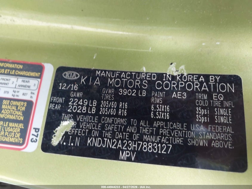 2017 Kia Soul VIN KNDJN2A23H7883127 IAAI salvage auction — FRONT END, Salvage (Oregon), sold $775 on 2026-07-13 (photo 9)