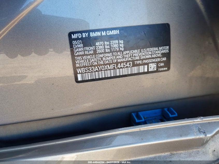 2021 BMW M3 VIN WBS33AY0XMFL44543 IAAI salvage auction — ALL OVER, Salvage (Idaho), sold $275 on 2026-07-06 (photo 9)