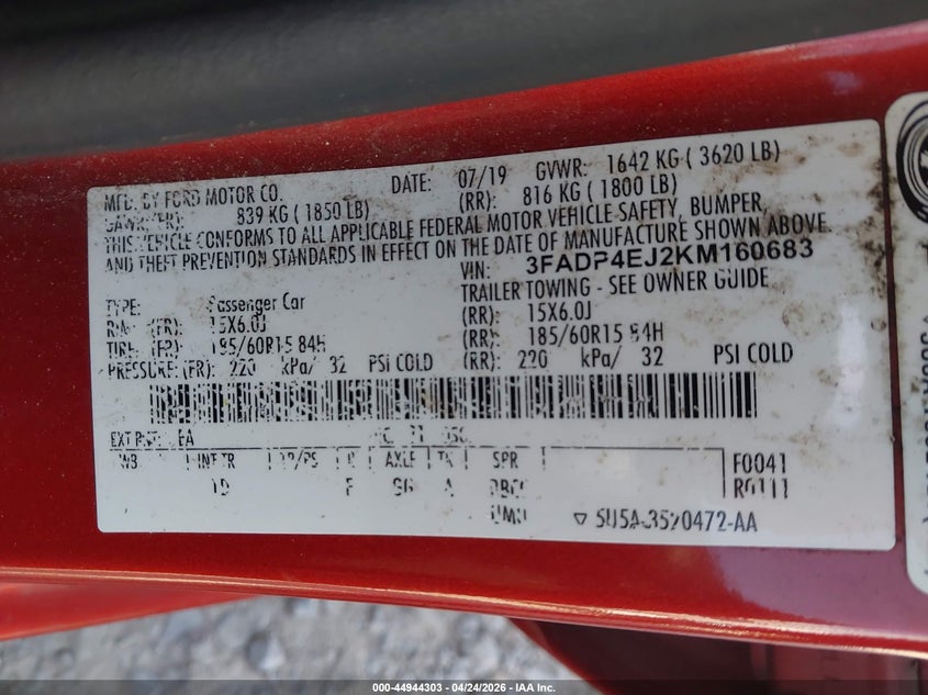 2019 Ford Fiesta VIN 3FADP4EJ2KM160683 IAAI salvage auction — FRONT END, Salvage Title, sold $275 on 2026-07-09 (photo 9)