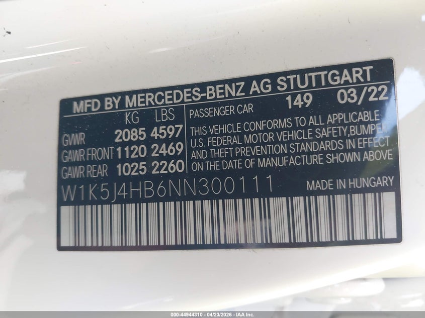 2022 Mercedes-benz VIN W1K5J4HB6NN300111 IAAI salvage auction — FRONT END, Salvage - Greater Than 75% (Maryland), sold $25 on 2026-07-30 (photo 9)