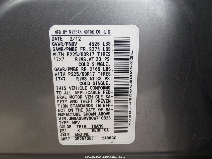 2012 Nissan Rogue VIN JN8AS5MV9CW710828 IAAI salvage auction — NORMAL WEAR, Salvage (Texas), sold $350 on 2026-07-28 (photo 9)