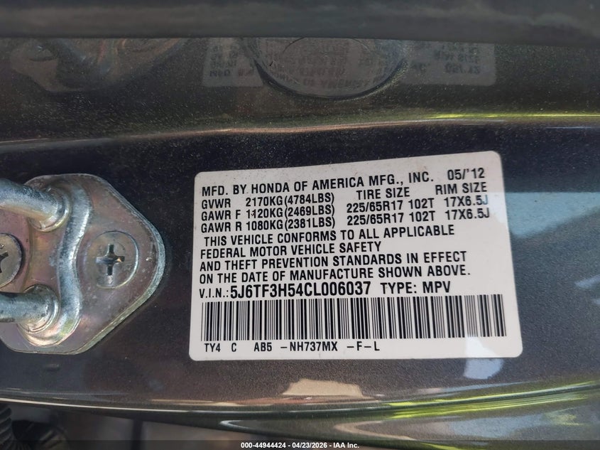 2012 Honda Crosstour VIN 5J6TF3H54CL006037 IAAI salvage auction — FRONT END, Salvage (Georgia), sold $600 on 2026-07-08 (photo 9)