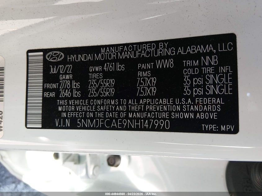 2022 Hyundai Tucson VIN 5NMJFCAE9NH147990 IAAI salvage auction — LEFT & RIGHT, Salvage (New Jersey), sold $6,225 on 2026-07-27 (photo 9)