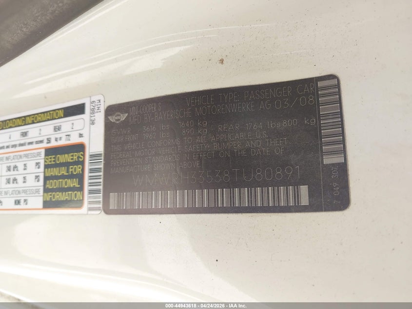 2008 Mini Cooper VIN WMWRH33538TU80891 IAAI salvage auction — HAIL, Original (Texas), sold $1,050 on 2026-07-20 (photo 9)