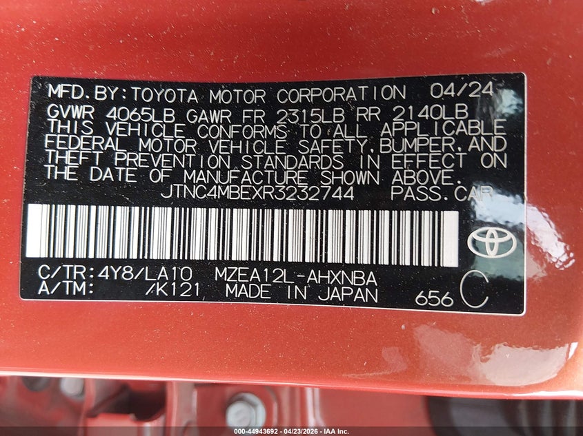 2024 Toyota Corolla VIN JTNC4MBEXR3232744 IAAI salvage auction — RIGHT FRONT, Original (Texas), sold $7,850 on 2026-07-21 (photo 9)