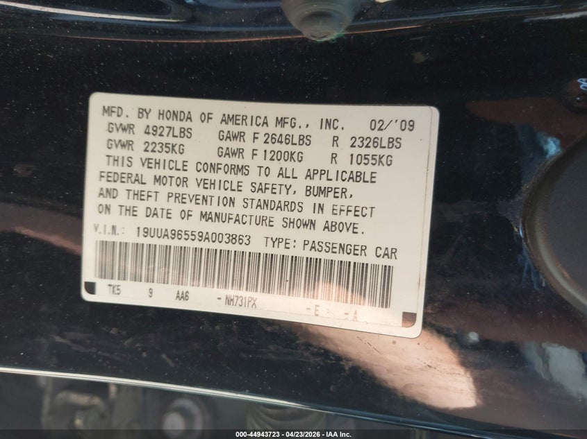 2009 Acura Tl VIN 19UUA96559A003863 IAAI salvage auction — RIGHT REAR, Salvage - Greater Than 75% (Maryland), sold $450 on 2026-07-21 (photo 9)