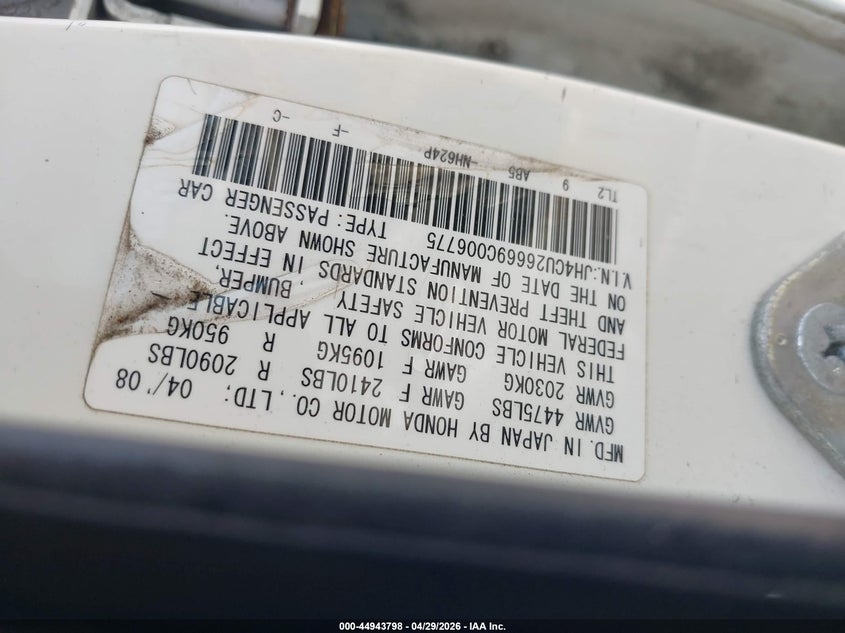 2009 Acura Tsx VIN JH4CU26669C006775 IAAI salvage auction — ALL OVER, Reconstructed (Massachusetts), sold $200 on 2026-07-14 (photo 9)