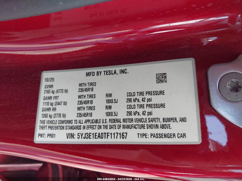 2026 Tesla Model 3 VIN 5YJ3E1EA0TF117167 IAAI salvage auction — REAR END, Clear (Oklahoma), sold $10,450 on 2026-07-15 (photo 9)