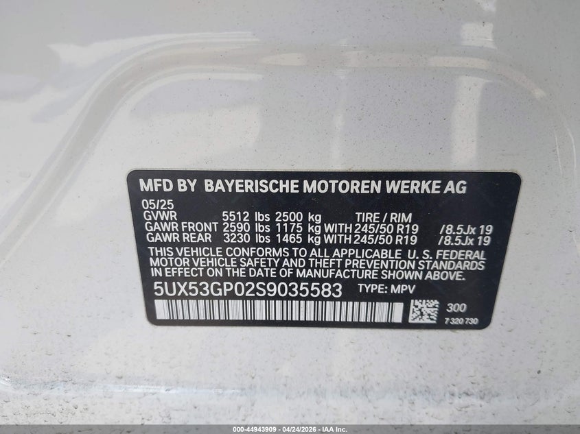2025 BMW X3 VIN 5UX53GP02S9035583 IAAI salvage auction — FRONT END, Salvage Title, sold $16,900 on 2026-08-02 (photo 9)