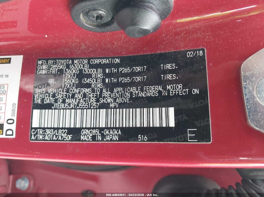 2018 Toyota 4runner VIN JTEBU5JR7J5551257 IAAI salvage auction — FRONT END, Salvage (Utah), sold $6,800 on 2026-07-30 (photo 9)
