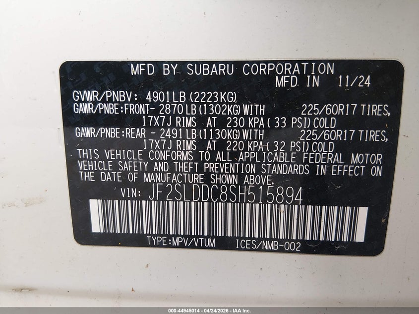 2025 Subaru Forester VIN JF2SLDDC8SH515894 IAAI salvage auction — REAR END, Mv-907A (New York), sold $10,200 on 2026-07-09 (photo 9)