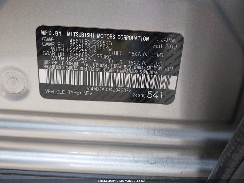 2019 Mitsubishi Outlander VIN JA4AD3A39KZ042873 IAAI salvage auction — FRONT END, Salvage (Idaho), sold $75 on 2026-07-10 (photo 9)