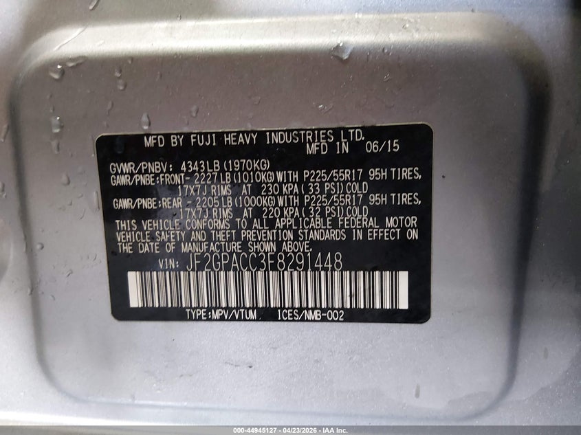 2015 Subaru Xv VIN JF2GPACC3F8291448 IAAI salvage auction — SIDE, Wait Title, sold $2,300 on 2026-07-24 (photo 9)