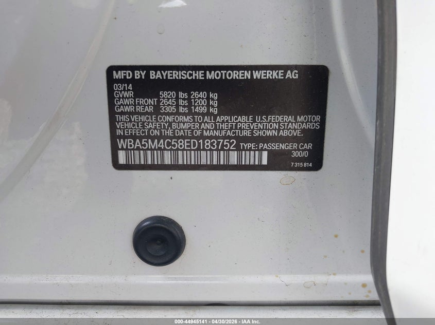 2014 BMW 5er VIN WBA5M4C58ED183752 IAAI salvage auction — UNDERCARRIAGE, Salvage (Pennsylvania), sold $3,500 on 2026-07-13 (photo 9)