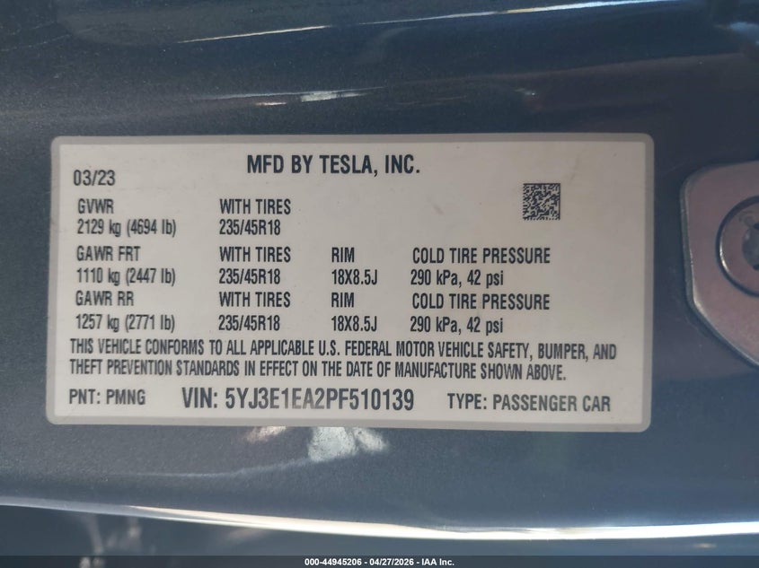 2023 Tesla Model 3 VIN 5YJ3E1EA2PF510139 IAAI salvage auction — LEFT & RIGHT, Salvage Title, sold $5,550 on 2026-07-22 (photo 9)