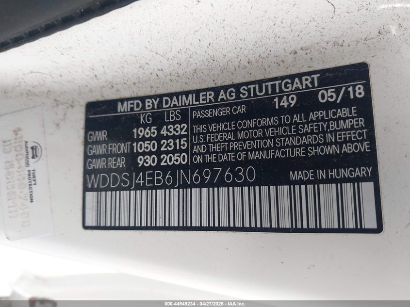 2018 Mercedes-benz Cla-klasse VIN WDDSJ4EB6JN697630 IAAI salvage auction — FRONT & REAR, Salvage Title, sold $1,500 on 2026-07-28 (photo 9)