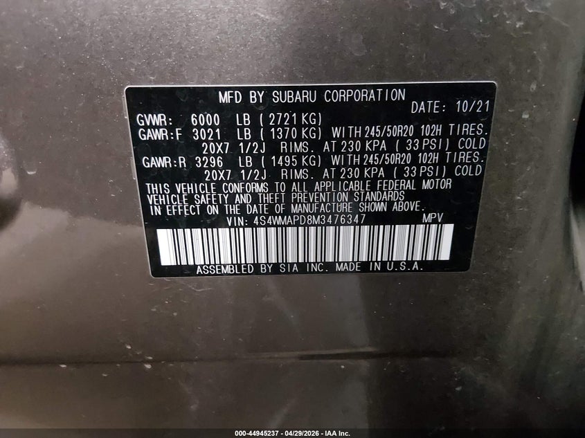 2021 Subaru Ascent VIN 4S4WMAPD8M3476347 IAAI salvage auction — HAIL, Salvage Title, sold $10,800 on 2026-07-28 (photo 9)