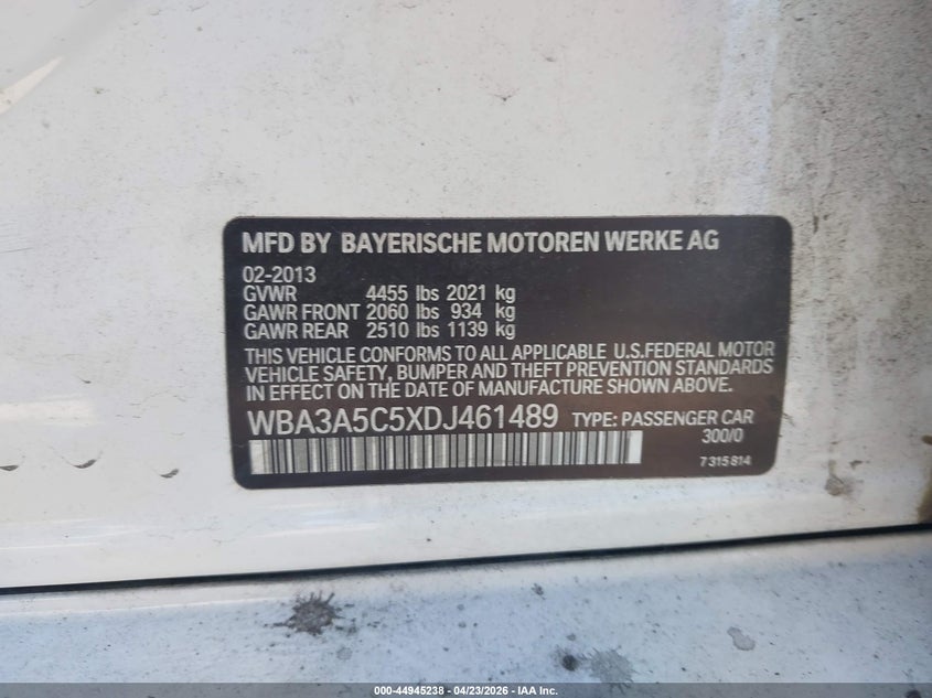 2013 BMW 3er VIN WBA3A5C5XDJ461489 IAAI salvage auction — NORMAL WEAR, Wait Title, sold $1,100 on 2026-07-20 (photo 9)