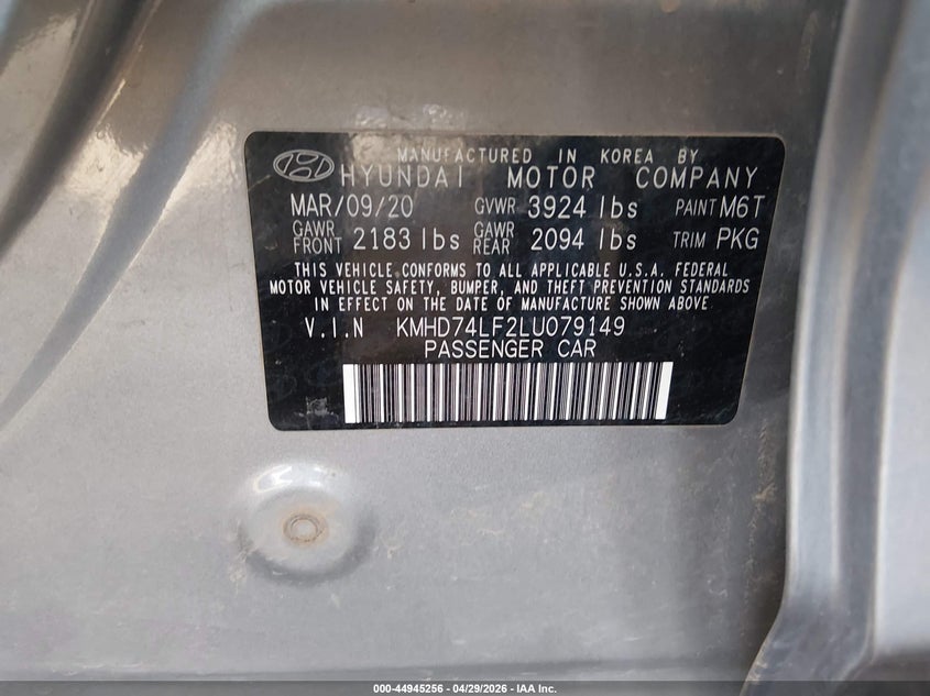 2020 Hyundai Elantra VIN KMHD74LF2LU079149 IAAI salvage auction — FRONT END, Salvage Title, sold $1,750 on 2026-07-28 (photo 9)