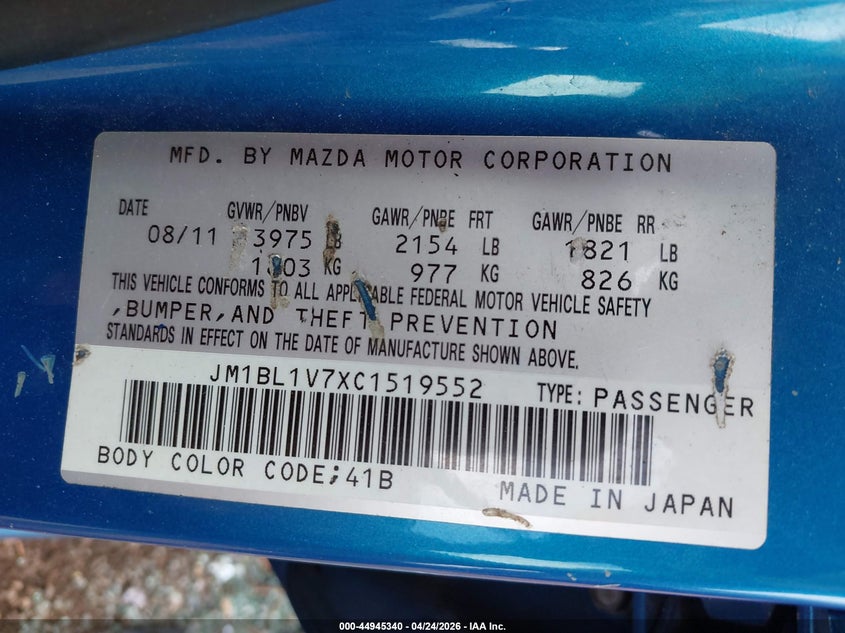 2012 Mazda 3 VIN JM1BL1V7XC1519552 IAAI salvage auction — FRONT END, Salvage Title, sold $250 on 2026-07-08 (photo 9)