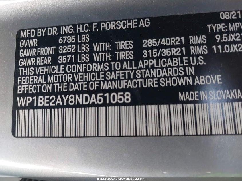 2022 Porsche Cayenne VIN WP1BE2AY8NDA51058 IAAI salvage auction — Front End, Salvage (California), sold $31,750 on 2026-05-20 (photo 9)