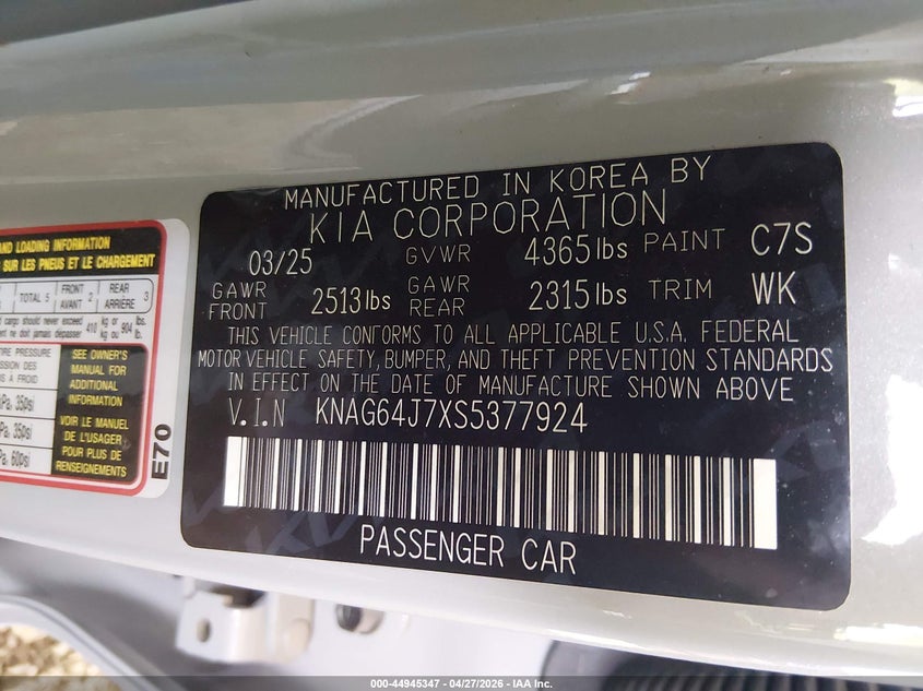 2025 Kia K5 VIN KNAG64J7XS5377924 IAAI salvage auction — FRONT END, Salvage (Arizona), sold $7,800 on 2026-07-28 (photo 9)