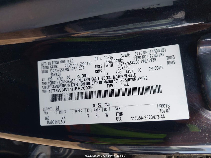 2017 Ford F350 VIN 1FT8W3BT4HEB76039 IAAI salvage auction — RIGHT SIDE, Salvage Title, sold $15,450 on 2026-07-29 (photo 8)