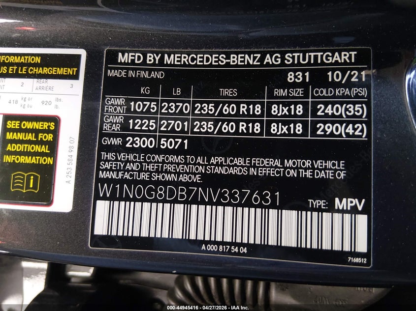 2022 Mercedes-benz Glc class VIN W1N0G8DB7NV337631 IAAI salvage auction — THEFT, Wait Title, sold $9,100 on 2026-07-23 (photo 9)