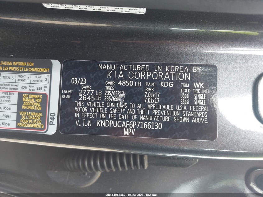 2023 Kia Sportage VIN KNDPUCAF6P7166130 IAAI salvage auction — FRONT & REAR, Salvage Title, sold $3,150 on 2026-07-10 (photo 9)