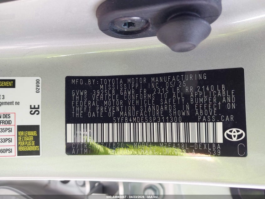 2025 Toyota Corolla VIN 5YFB4MDE5SP311300 IAAI salvage auction — FRONT END, Original (Texas), sold $5,000 on 2026-07-15 (photo 9)