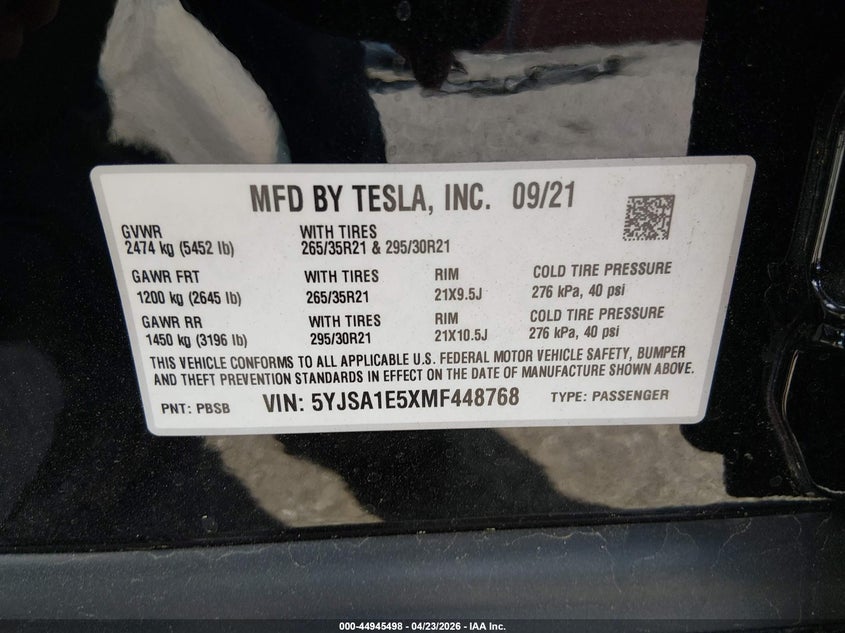 2021 Tesla Model s VIN 5YJSA1E5XMF448768 IAAI salvage auction — FRONT END, Salvage Title, sold $8,300 on 2026-07-29 (photo 9)