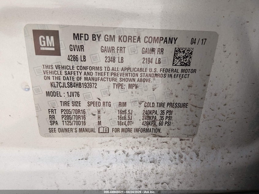 2017 Chevrolet Trax VIN KL7CJLSB4HB193972 IAAI salvage auction — REAR END, Salvage (Texas), sold $575 on 2026-07-24 (photo 9)