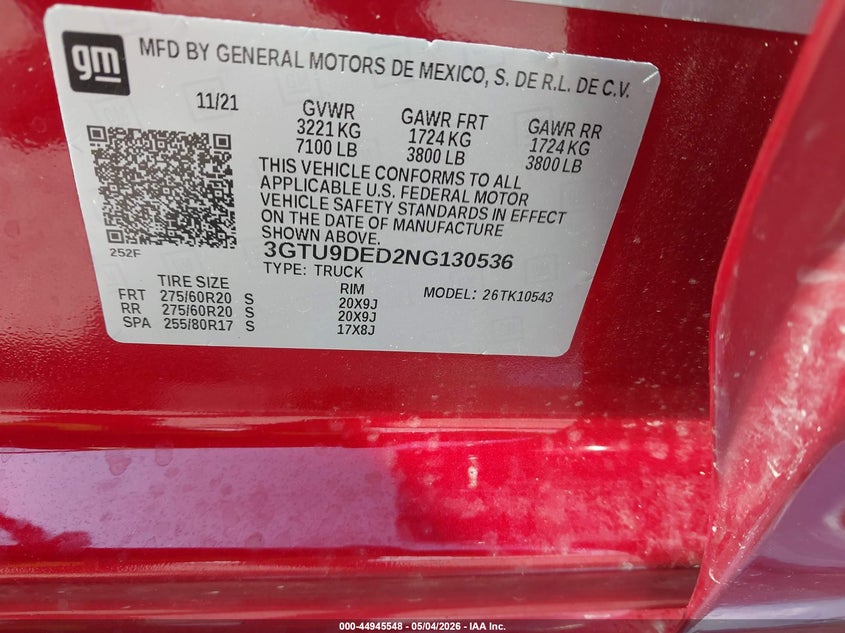 2022 Gmc SIERRA VIN 3GTU9DED2NG130536 IAAI salvage auction — LEFT SIDE, Salvage Title, sold $6,200 on 2026-09-22 (photo 9)