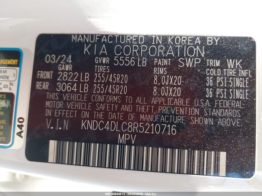 2024 Kia Ev6 VIN KNDC4DLC8R5210716 IAAI salvage auction — REAR END, Wait Title, sold $10,550 on 2026-07-16 (photo 9)