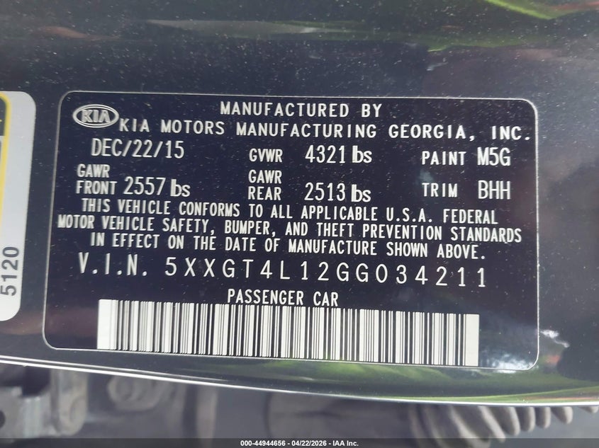 2016 Kia Optima VIN 5XXGT4L12GG034211 IAAI salvage auction — FRONT END, Wait Title, sold $25 on 2026-07-28 (photo 9)