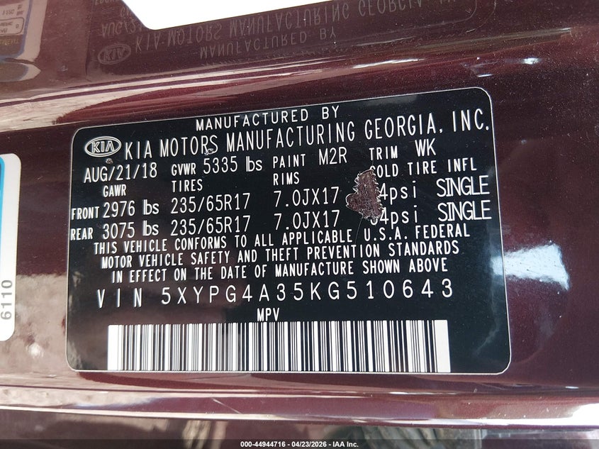 2019 Kia Sorento VIN 5XYPG4A35KG510643 IAAI salvage auction — RIGHT SIDE, Salvage Title, sold $2,450 on 2026-07-24 (photo 9)